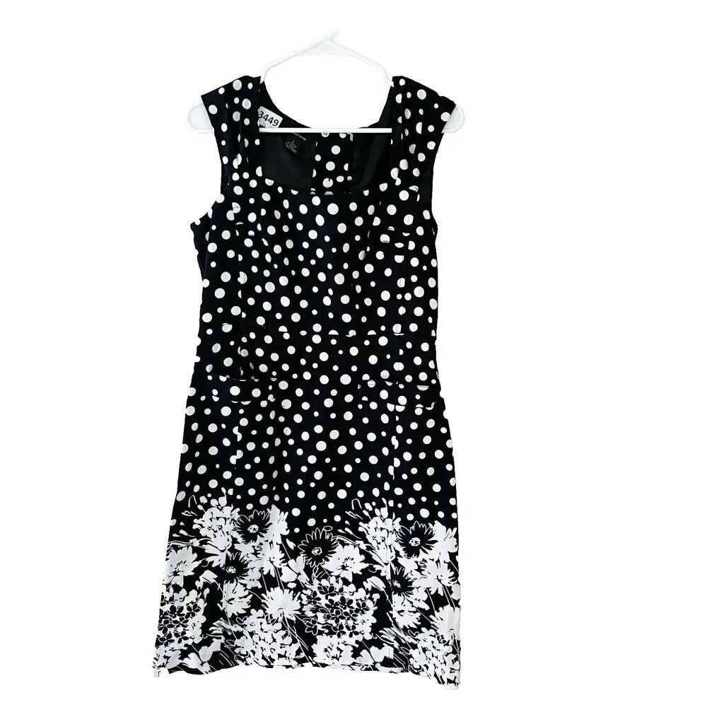 Spense Womens Black White Sheath Dress 8 Sleeveless Polka Dot Floral Cotton